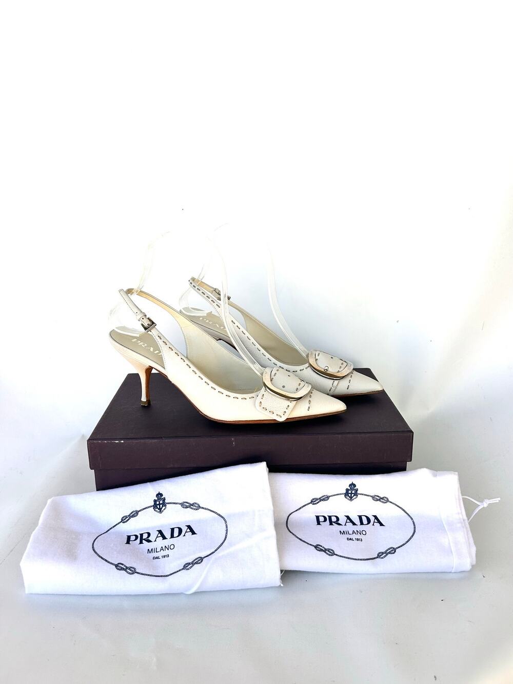 Vintage Y2K Prada Kitten Heels Buckle Cream Pointed Toe 36 Box 6 Archive